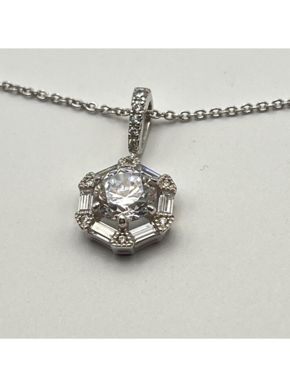 Sterling Silver Jacmel Pendent Necklace JCM CZ Art Deco Halo 18" Baguette Round - Picture 7 of 12